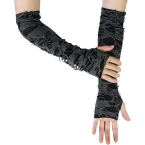 Gothic Black Fingerless Long Gloves Broken Slit Gloves Sexy Ripped Hole Half-finger Glove Arm Warmer For Adults Halloween Cosplay Decor Costume Accessories