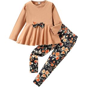 Kids Toddler Girls Clothing Set Long Sleeve Top With Bowknot ＋Floral Print Pants 2 Pcs Fall Outfits Set