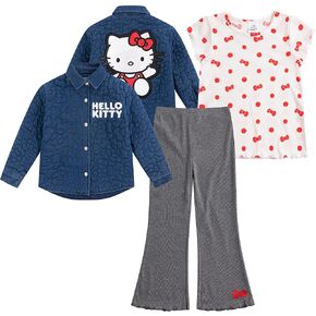 Hello Kitty Sanrio Girls 3 Piece Outfit Set with Demin Jacket, Short Sleeve T-Shirt, and Flared Pants Set for Big Kids