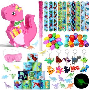 Pasimy 107 Pcs Dinosaur Birthday Party Piñata Set 16.5 x 11.8 x 3.1 Inch Dinosaur Piñata Dino Piñata with Stick Blindfold Dinosaur Party Favors for Birthday Party Gift Dinosaur Decor(Pink,Cute)