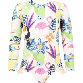 Girls Long Sleeve Swimsuit - UPF 50+ Chlorine Resistant Open Back Girls' One-Piece Swimwear | Size 6-12