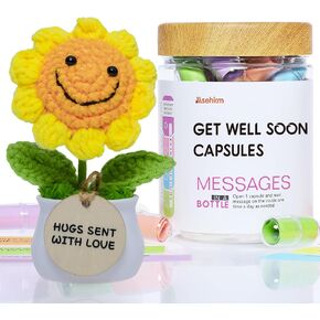 MSEHKM Get Well Soon Care Package Positive Message Bottle and Knitted Positive Crochet with Card Feel Better Self Care Gift Box Sending You Sunshine Box for Sick Friend