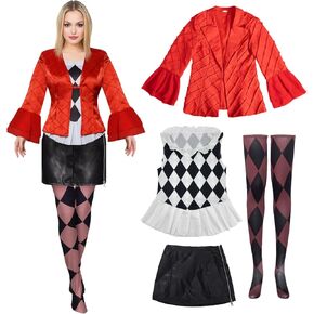 Halloween Womens Harley Costume, Joker Movie Cosplay Gaga Style Red Coat Suit, Adults Halloween Party Outfits