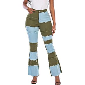 THUNDER STAR Women Patchwork Flare Jeans Stretch High Waisted Bell Bottom Raw Hem Denim Pants