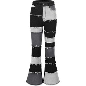 THUNDER STAR Women Patchwork Flare Jeans Stretch High Waisted Bell Bottom Raw Hem Denim Pants