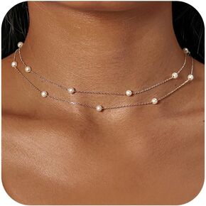 Dainty Pearl Necklaces for Women 925 Sterling Silver Layered Pearl Necklace Cute Simple Pearl Choker Necklace Bridesmaid Pearl Chain Necklace Jewelry Birthday Gifts to Daughter