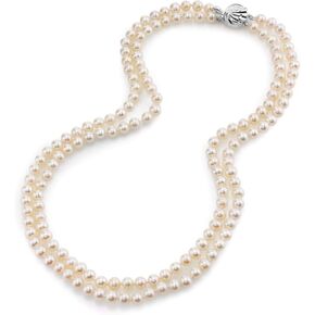 The Pearl Source Sterling Silver AAAA Quality Double Strand White Freshwater Cultured Pearl Necklace for Women in 16-17" Choker Length