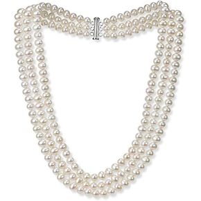 VN Jewelry Womens Elegant And Classic AA Grade 7mm White Freshwater Pearl Necklace Three-Strand Style