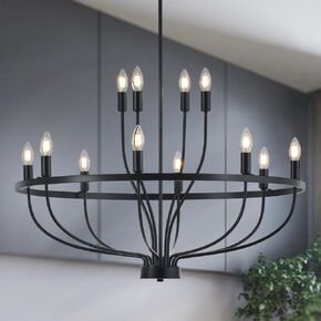 33.5" Industrial Black Chandelier Vintage 12-Lights Rustic Candle Style Black Chandelier Light Fixture Retro Farmhouse Black Chandelier for Dining Room, Kitchen Island, Living Room, E12