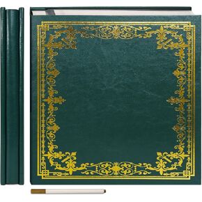 Vienrose Large Self-Adhesive Album Artificial Leather Cover Scrapbook Album 10.63"x11.02" Vintage Printed Memory Book DIY 40 Blank Pages with A Metallic Pen, Dark Green