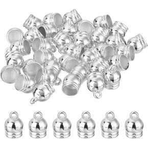uxcell 50Pcs Tassel Cord End Caps, 7.8mm Glue in Leather Barrel Connectors for DIY Making Bracelets Pendant, Silver White