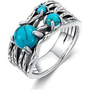 Genuine Women's Turquoise Highway Rings with 3 Gemstones 925 Sterling Silver Native American Jewely With Wide Band for Mom Wife