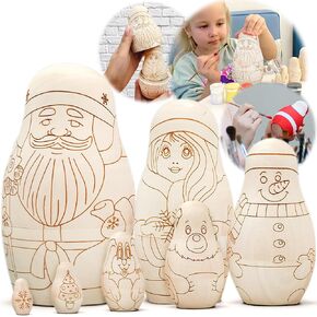 AEVVV Unfinished Russian Christmas Crafts Set 7 pcs - Unpainted Christmas Nesting Dolls Blank - Paint Your Own Matryoshka Father Frost, Snow Maiden, Snowman