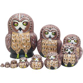 دودة الشتاء لطيف حية شكل بطن كبير أحمر عيون مستديرة البني البومة اليدوية خشبية التعشيش الدمى الروسية ماتريوشكا الدمى مجموعة 10 قطع للأطفال لعبة عيد ميلاد ديكور المنزل in Kuwait