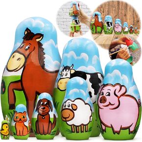 AEVVV Farm Animals Set 7 pcs Wood Nesting Dolls - Pet Figurine Set Wooden Matryoshka Stacking Items
