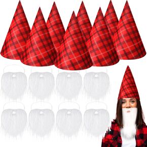 Xtinmee 16 Pack Christmas Gnomes Costumes Accessories Includes 8 Pcs Dwarf Gnome Hats and 8 Pcs White Fake Costume Gnome Dwarf Beards for Boys Girls Adults Xmas Cosplay Party Supplies