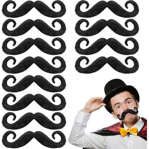 12 Pcs 5 Inch Fake Mustaches Handlebar Mustache Self Adhesive Fake Mustache Black Stick on Mustache Novelty False Facial Hair for Men Steampunk Halloween Christmas Party Supplies Costume