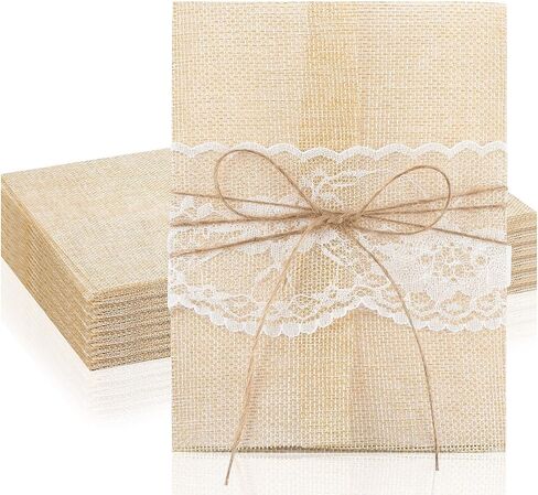 25 مجموعة من سترات Boho Vellum لدعوات 5 × 7 بطانات مغلف من الدانتيل الخيش وأكمام دعوة الزفاف مع حبل لبطاقات الزفاف وسكرابوكينغ استحمام الطفل وحفلات أعياد الميلاد in Saudi Arabia
