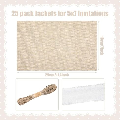 25 مجموعة من سترات Boho Vellum لدعوات 5 × 7 بطانات مغلف من الدانتيل الخيش وأكمام دعوة الزفاف مع حبل لبطاقات الزفاف وسكرابوكينغ استحمام الطفل وحفلات أعياد الميلاد in Saudi Arabia