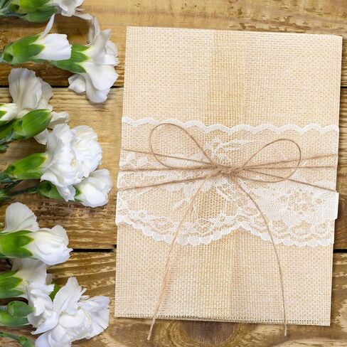 25 مجموعة من سترات Boho Vellum لدعوات 5 × 7 بطانات مغلف من الدانتيل الخيش وأكمام دعوة الزفاف مع حبل لبطاقات الزفاف وسكرابوكينغ استحمام الطفل وحفلات أعياد الميلاد in Saudi Arabia
