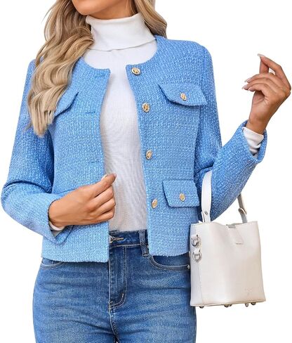 Women's Long Sleeve Cropped Tweed Coat with Pocket Elegant Slim Fit Work Office Business Short Tweed Blazer in Saudi Arabia