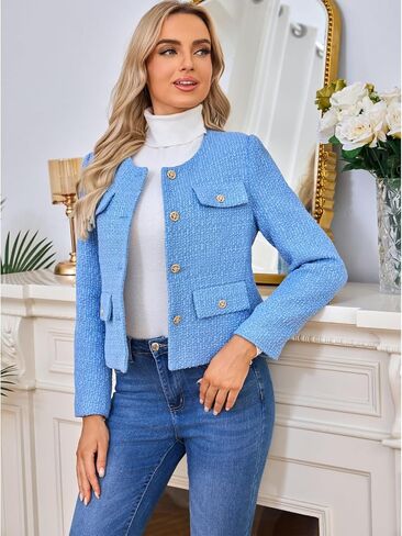 Women's Long Sleeve Cropped Tweed Coat with Pocket Elegant Slim Fit Work Office Business Short Tweed Blazer in Saudi Arabia