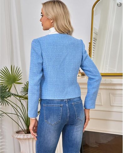 Women's Long Sleeve Cropped Tweed Coat with Pocket Elegant Slim Fit Work Office Business Short Tweed Blazer in Saudi Arabia