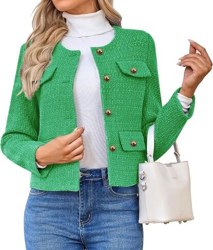 Women's Long Sleeve Cropped Tweed Coat with Pocket Elegant Slim Fit Work Office Business Short Tweed Blazer in Saudi Arabia