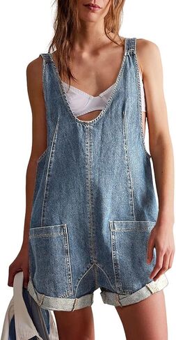 CHARTOU Women Casual Denim Short Overalls Rolled Cuff Barrel Shorts Jumpsuit Rompers in Kuwait