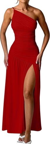 Memoriesea Women's Sexy One Shoulder High Split Ruched Cocktail Party Formal Maxi Dress in Kuwait
