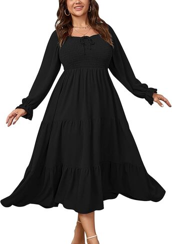 Womens Plus Size Flowy Maxi Dress Long Sleeve Square Neck Smocked A Line Formal Long Dresses for Women Wedding Guest in Kuwait