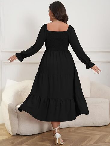 Womens Plus Size Flowy Maxi Dress Long Sleeve Square Neck Smocked A Line Formal Long Dresses for Women Wedding Guest in Kuwait