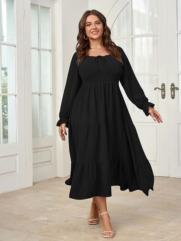 Womens Plus Size Flowy Maxi Dress Long Sleeve Square Neck Smocked A Line Formal Long Dresses for Women Wedding Guest in Kuwait