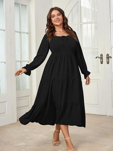 Womens Plus Size Flowy Maxi Dress Long Sleeve Square Neck Smocked A Line Formal Long Dresses for Women Wedding Guest in Kuwait