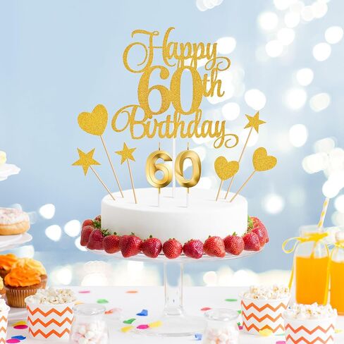 زينة كعكة عيد الميلاد الستين، شموع عيد الميلاد الستين، شموع أرقام الكيك ومجموعة أغطية كعكة عيد الميلاد الستين اللامعة لمستلزمات حفلات أعياد الميلاد (ذهبي) in Saudi Arabia