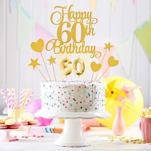 زينة كعكة عيد الميلاد الستين، شموع عيد الميلاد الستين، شموع أرقام الكيك ومجموعة أغطية كعكة عيد الميلاد الستين اللامعة لمستلزمات حفلات أعياد الميلاد (ذهبي) in Saudi Arabia