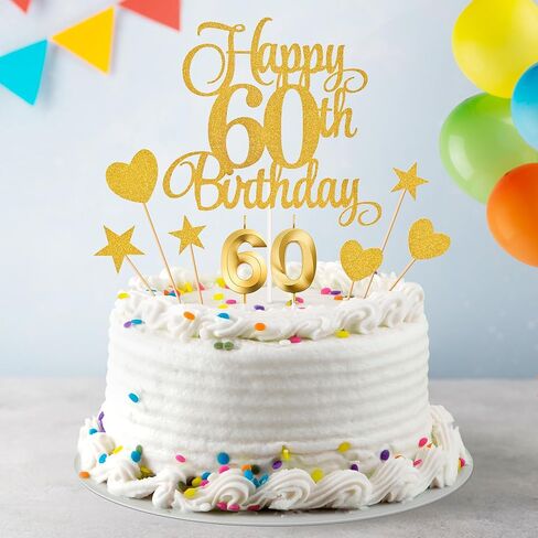 زينة كعكة عيد الميلاد الستين، شموع عيد الميلاد الستين، شموع أرقام الكيك ومجموعة أغطية كعكة عيد الميلاد الستين اللامعة لمستلزمات حفلات أعياد الميلاد (ذهبي) in Saudi Arabia