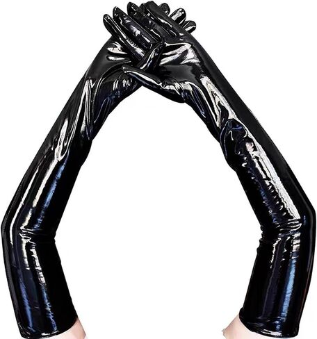 Shiny Black Leather Gloves Long for Women Stylish Punk Style Leather Long Gloves for Party Versatile and Stretchable in Saudi Arabia