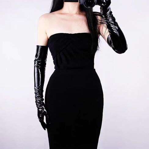 Shiny Black Leather Gloves Long for Women Stylish Punk Style Leather Long Gloves for Party Versatile and Stretchable in Saudi Arabia