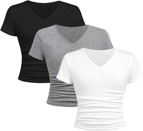 تي شيرت للفتيات من SOLY HUX مكون من 3 قطع صيفية مكشكشة وأكمام قصيرة ورقبة على شكل حرف V تي شيرت أساسي مناسب ملابس لطيفة in Kuwait