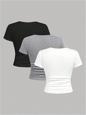 تي شيرت للفتيات من SOLY HUX مكون من 3 قطع صيفية مكشكشة وأكمام قصيرة ورقبة على شكل حرف V تي شيرت أساسي مناسب ملابس لطيفة in Kuwait