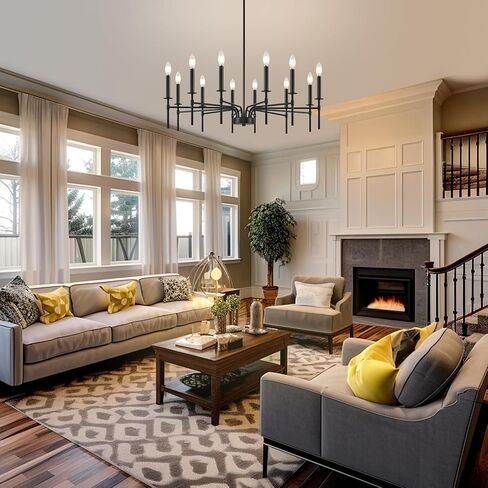 Black Chandelier, Modern Farmhouse Chandelier Light Fixture, 12 Lights Dining Room Lighting Fixtures Over Table, Candle Chandelier Lights for Dining Room Living Room Staircase Bedroom Foyer Entryway in Kuwait