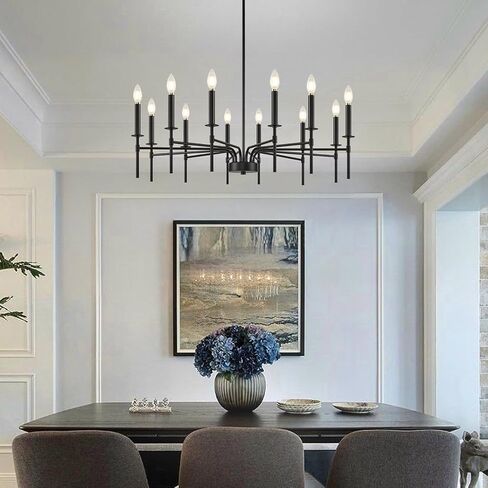 Black Chandelier, Modern Farmhouse Chandelier Light Fixture, 12 Lights Dining Room Lighting Fixtures Over Table, Candle Chandelier Lights for Dining Room Living Room Staircase Bedroom Foyer Entryway in Kuwait