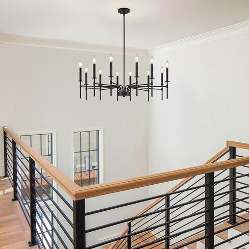 Black Chandelier, Modern Farmhouse Chandelier Light Fixture, 12 Lights Dining Room Lighting Fixtures Over Table, Candle Chandelier Lights for Dining Room Living Room Staircase Bedroom Foyer Entryway in Kuwait