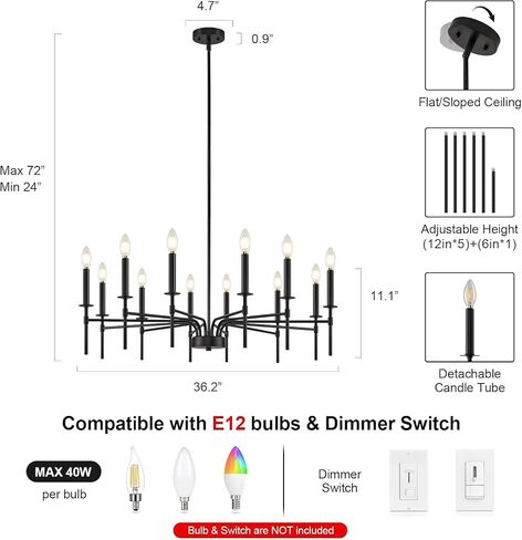 Black Chandelier, Modern Farmhouse Chandelier Light Fixture, 12 Lights Dining Room Lighting Fixtures Over Table, Candle Chandelier Lights for Dining Room Living Room Staircase Bedroom Foyer Entryway in Kuwait