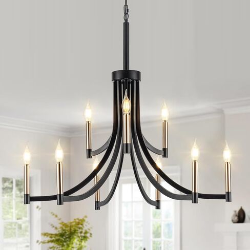 9-Light Modern Chandelier Black and Gold Chandeliers Farmhouse Pendant Light Fixture Candle Chandelier for Dining Room Living Room Entryway Foyer Kitchen in Kuwait