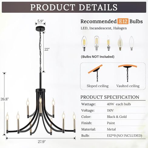 9-Light Modern Chandelier Black and Gold Chandeliers Farmhouse Pendant Light Fixture Candle Chandelier for Dining Room Living Room Entryway Foyer Kitchen in Kuwait