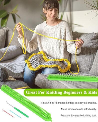 Aeelike Long Knitting Loom, Knitting Loom Kit Including Adjustable Knitting Loom 47cm (18.5'') Plastic Needle and Hook, Easy Knitting Loom for Beginner Kid to Making Scarves Sweaters Hat, Yellow in Saudi Arabia