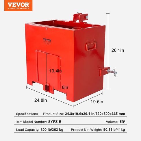 VEVOR Ballast Box 3 Point Category 1 Tractor 800lbs Capacity, Standard 2'' Hitch Receiver, with 5cu.ft Volume, Heavy-Duty Steel, Red in Saudi Arabia
