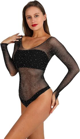 المرأة مثير شبكة صيد السمك ارتداءها حجر الراين فستان شبكي البريق حزام تمتد قميص نوم الماس Bodystocking للنساء in Kuwait